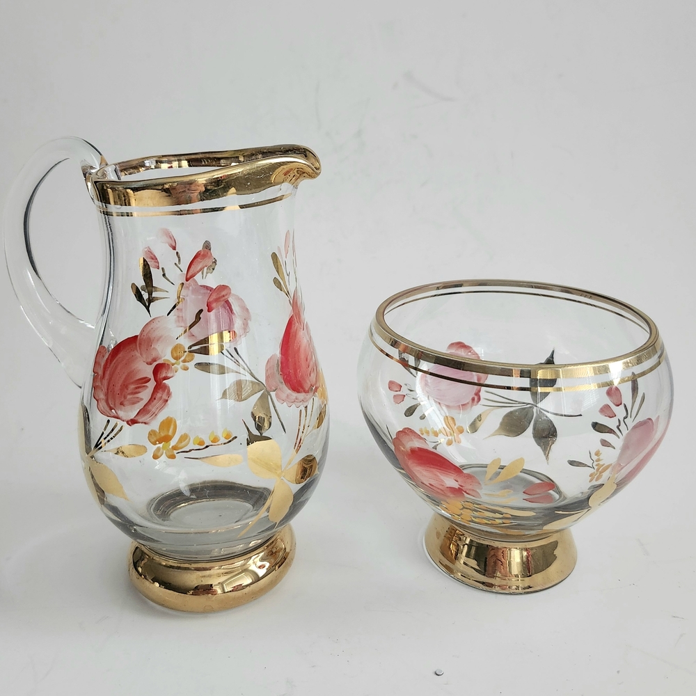 Hand-Painted Floral Glass Pitcher and Bowl Set with Gold Accents